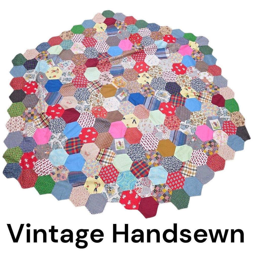 VINTAGE HANDSTITCHED Handmade Hexagon Honeycomb Circle Table Patchwork Quilt Top
